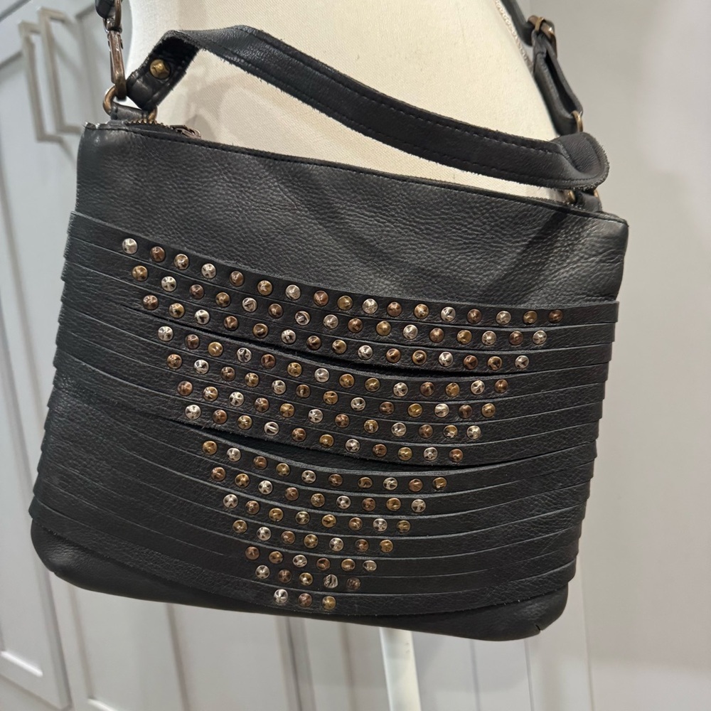 VIOLA CASTELLANI Made In Italy Leather Vintage Black Studded Crossbody Bag Purse